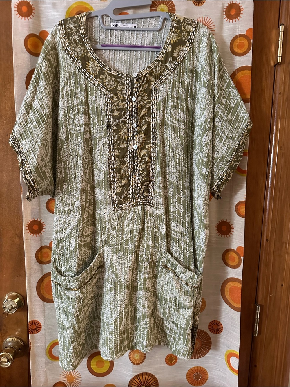Zara Olive Green Patterned Tunic Dress with Floral Trim